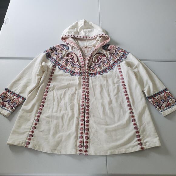 Soft Surroundings Hooded Jacket Womens 1X Ivory Embroidered Boho Cotton Romantic - Picture 1 of 10